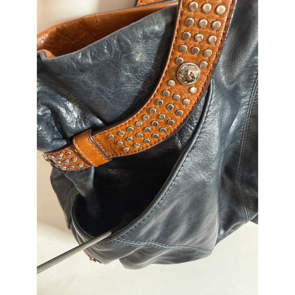 Boho Indie Grunge Navy Blue Leather Studded Hobo Shoulder Bag Large Oversized - Picture 5 of 16